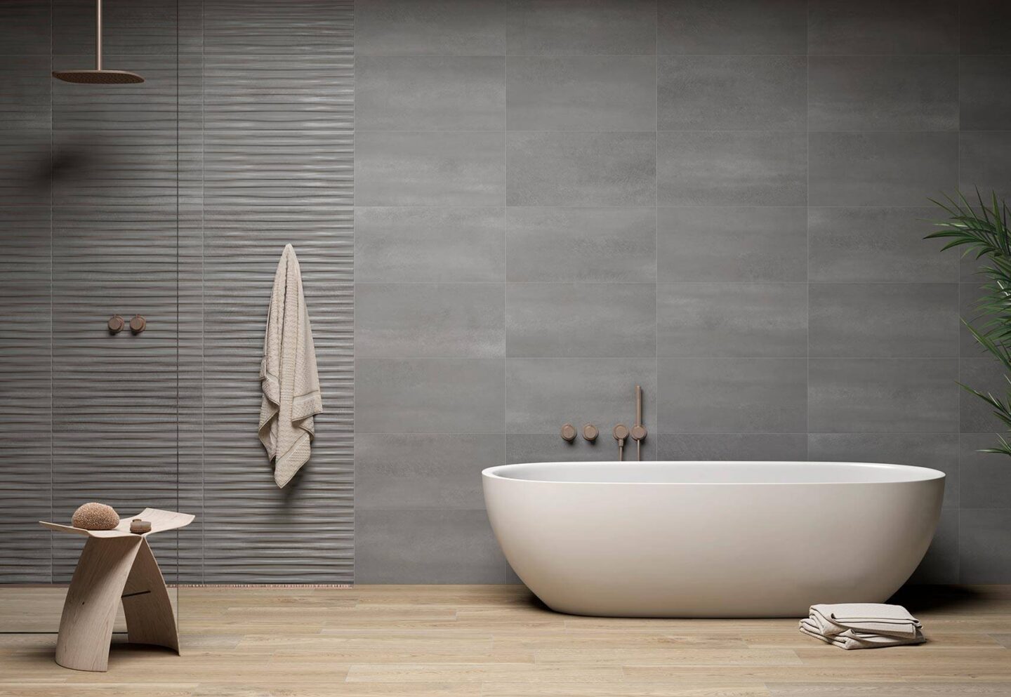 Atlas-Ice-Steel_bathroom-tiles-with-bathtub-and-towels