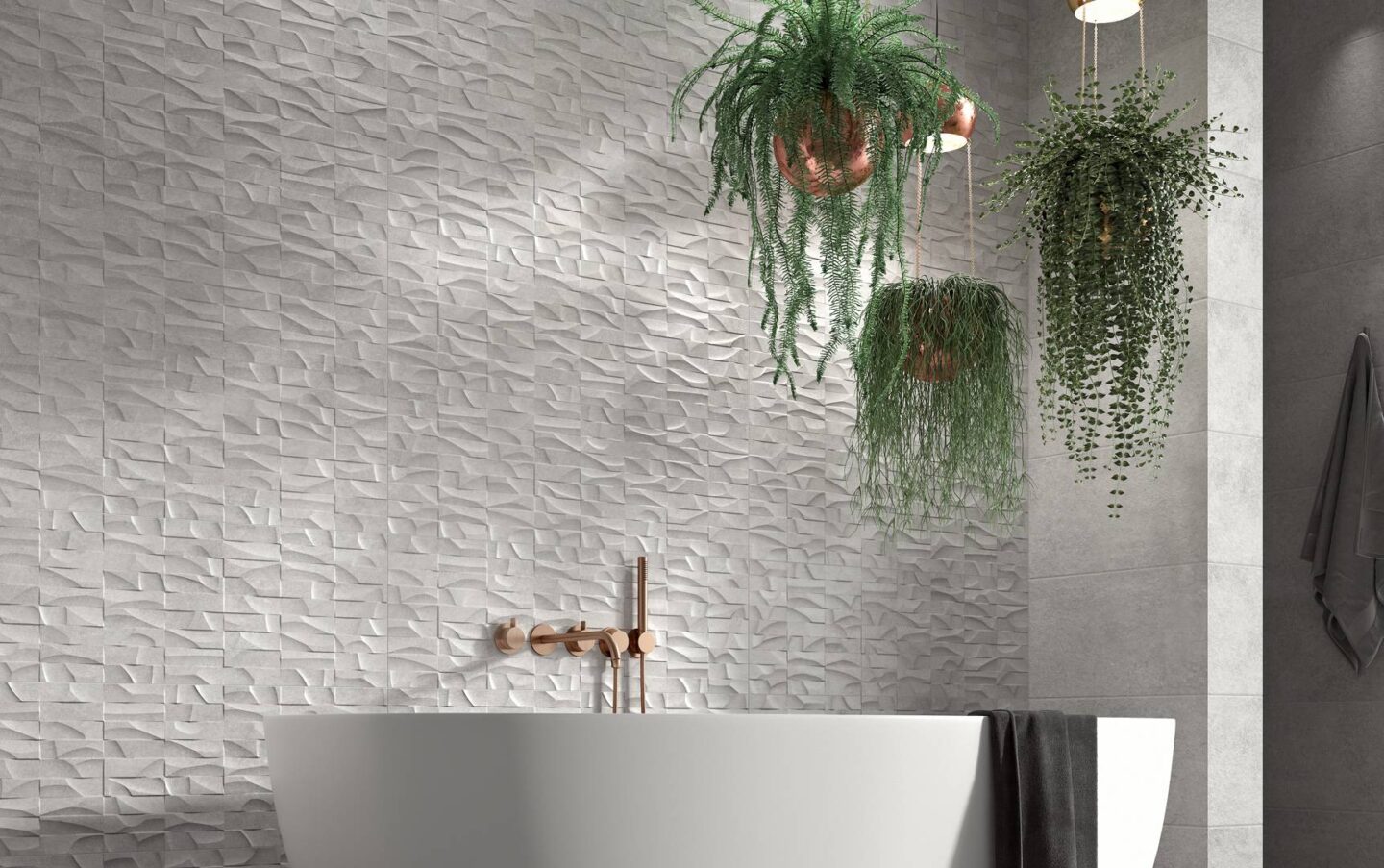 Bathroom-with-bathtub-and-plants-hanging-from-the-ceiling-wall-tiles