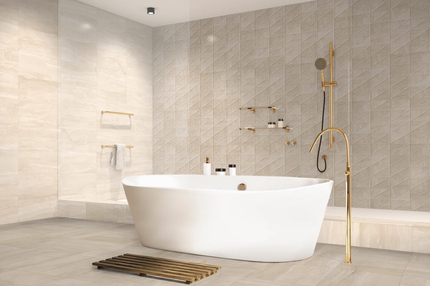 Bathroom with creme colored floor and wall tiles and a bathtub to be viewed in our tile store