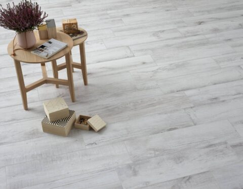 Woodlike-tiles-floor-with-stools-with-a-plant-and-cubes