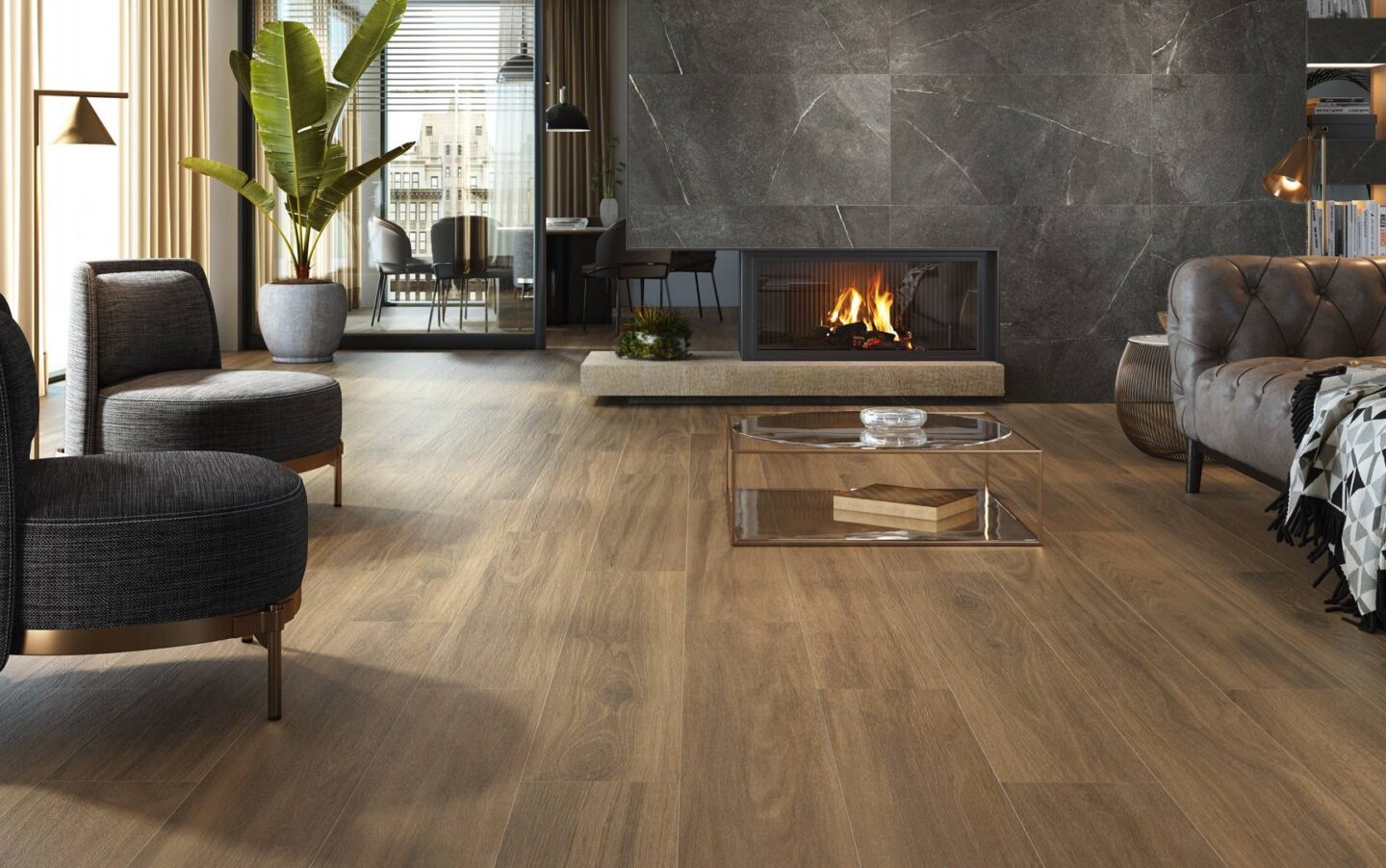 Livingroom-with-woodlike-tiles-fireplace-and-sofa