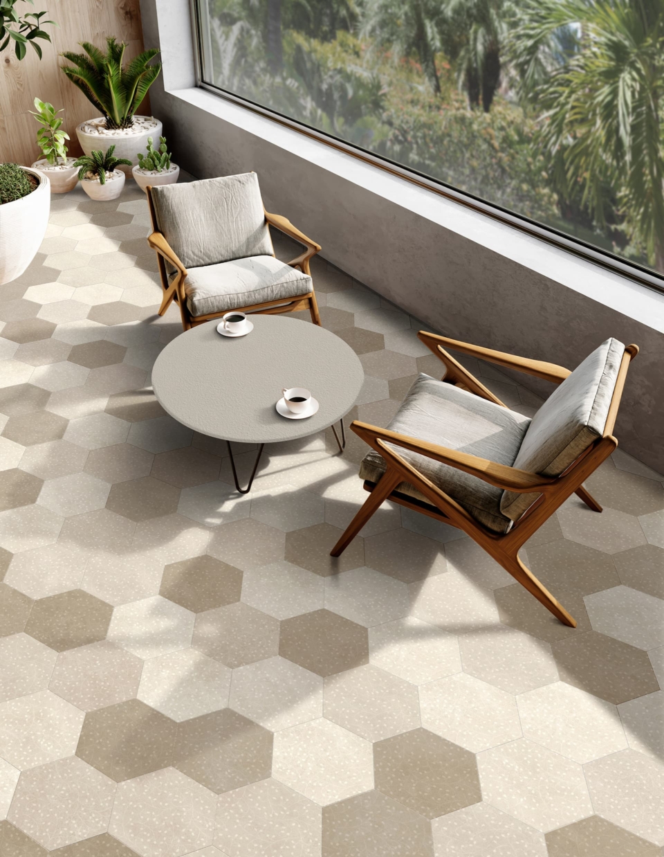 Small Hexa Tiles Outdoors with chairs and small table