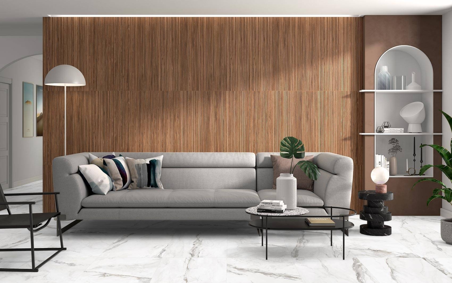 Livingroom-wall-with-woodlike-tiles-and-decor-plant