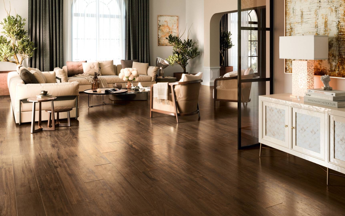 Livingroom with brown woodlike floor tiles and creme color set of sofa