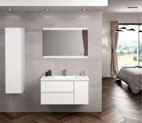 Modern bathroom with backlit mirror, white vanity, and adjacent bedroom with large window and curtains.