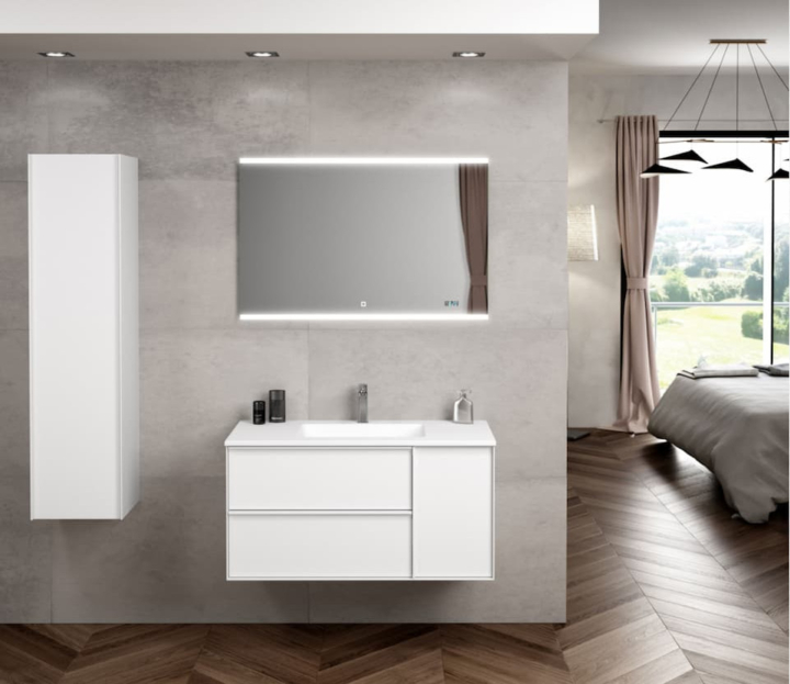 Modern bathroom with backlit mirror, white vanity, and adjacent bedroom with large window and curtains.