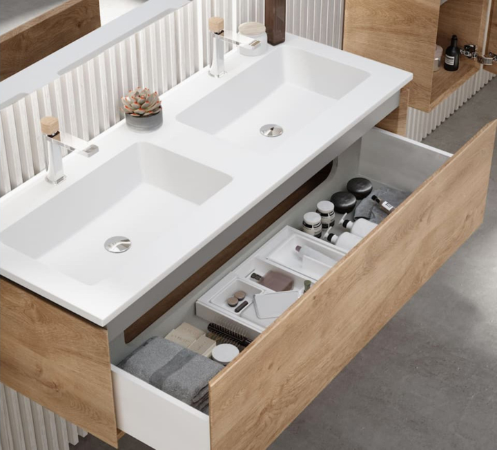 Modern bathroom wooden vanity with white top