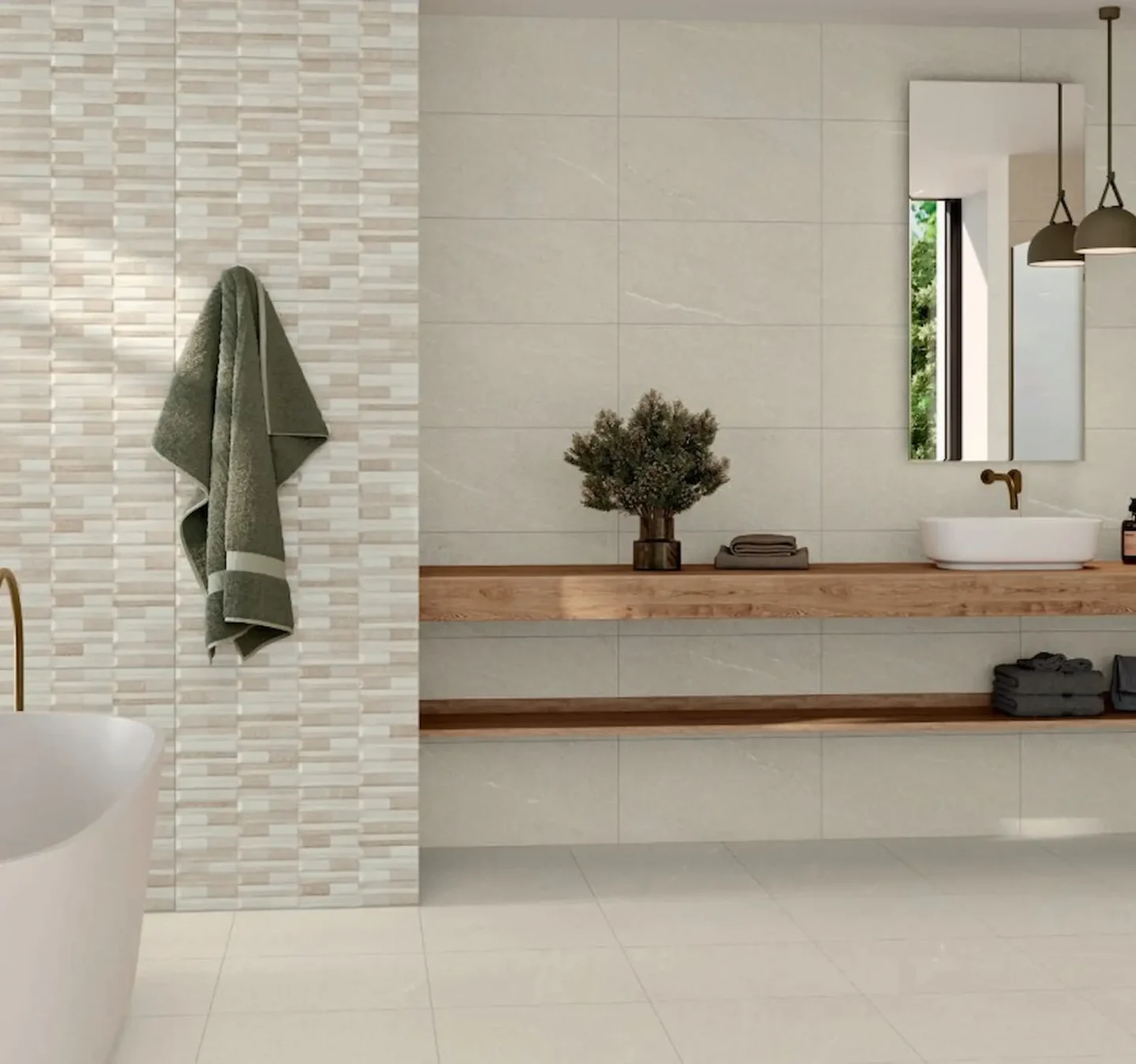 Warm creme colored wall tiles in bathroom with a tub and sink