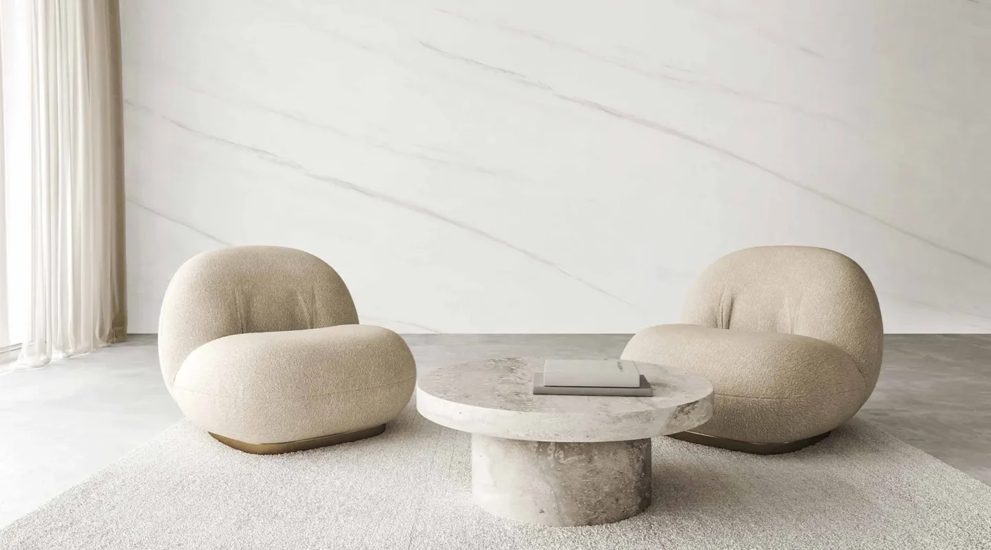 white creme wall tile in living room with 2 chairs and table
